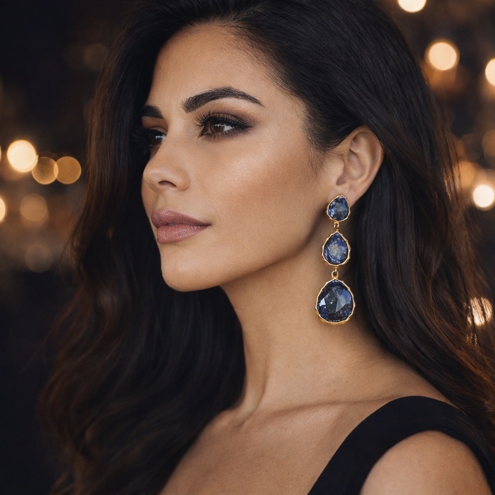 Blue Faceted Teardrop Dangle Earrings | Gold Tone Statement Earrings